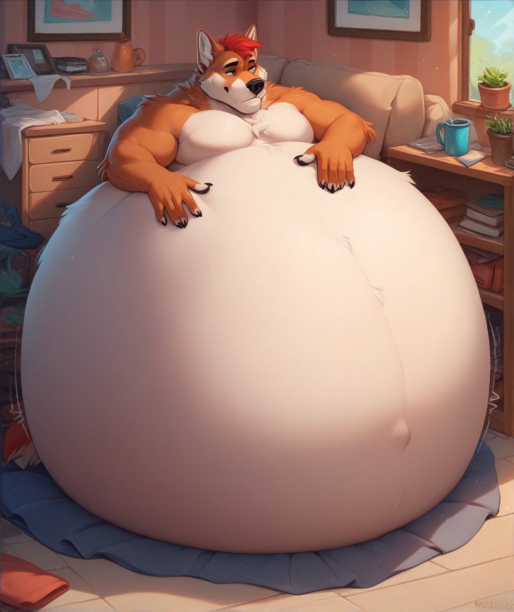 score_9, score_8_up, score_7_up,(anthro, furry:1.1),solo,dog,resting on belly,inflation,lying on belly,hyper belly,round belly