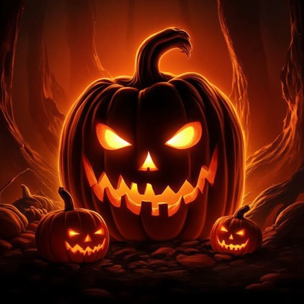 Masterpiece, high quality, illustration, 8k , solo, no humans, glowing, glowing eyes, halloween, monster, jack-o'-lantern,  pumpkin, Halloween2024