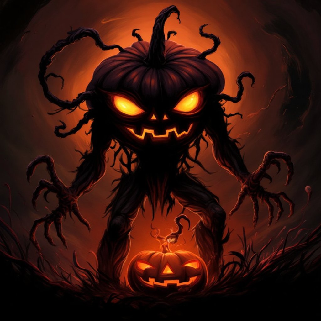 Masterpiece, high quality, illustration, 8k , solo, no humans, glowing, glowing eyes, halloween, monster, jack-o'-lantern,  pumpkin, Halloween2024