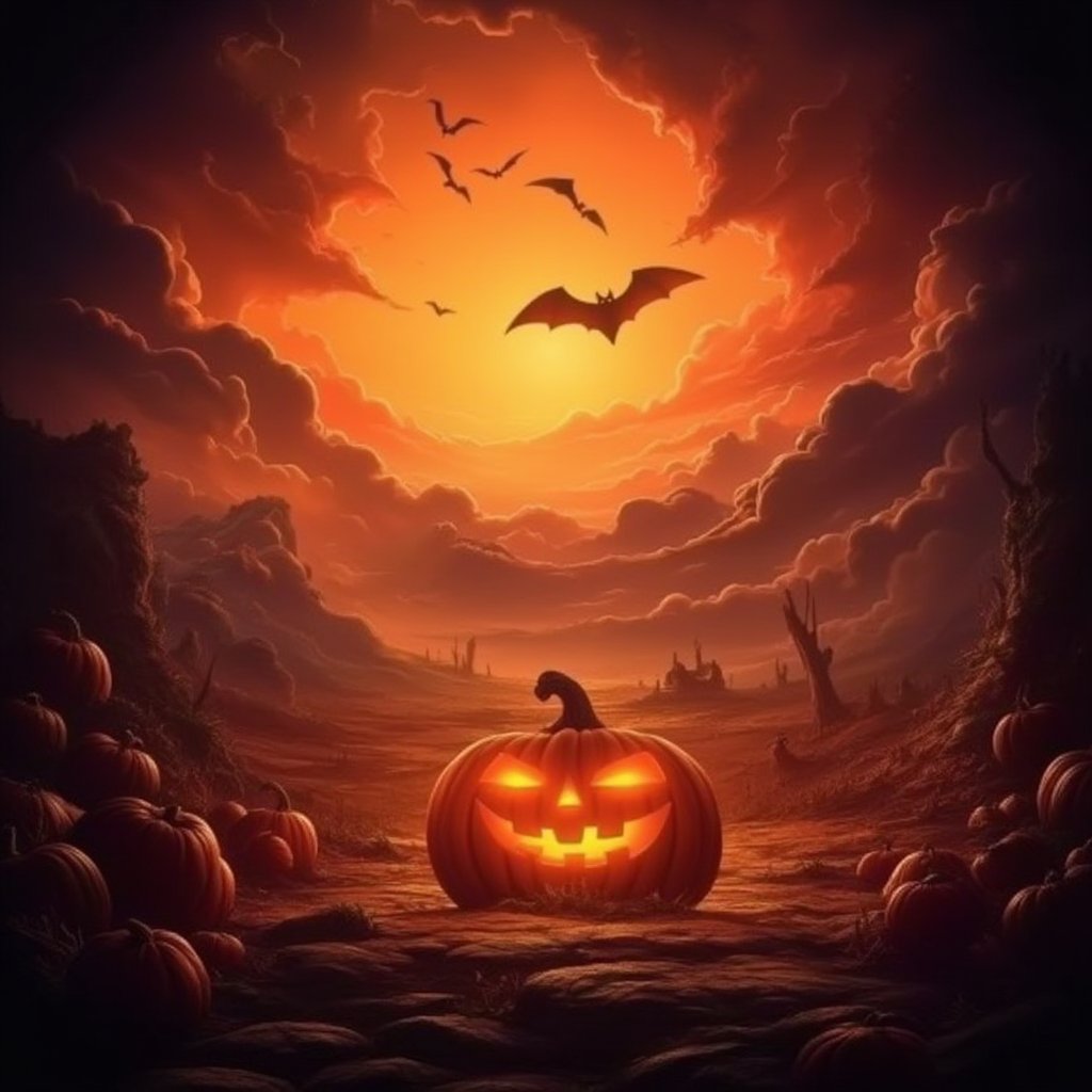 Masterpiece, high quality, illustration, 8k , solo, sky, cloud, no humans, scenery, halloween, sunset, jack-o'-lantern, pumpkin, bat\(animal\),  Halloween2024