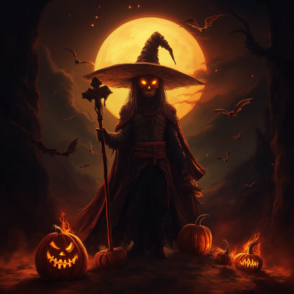 Masterpiece, high quality, illustration, 8k , solo, hat, holding, no humans, witch hat, night, glowing, moon, cross, fire, staff, glowing eyes, full moon, halloween, jack-o'-lantern,  , witch, pumpkin, bat\(animal\), Halloween2024