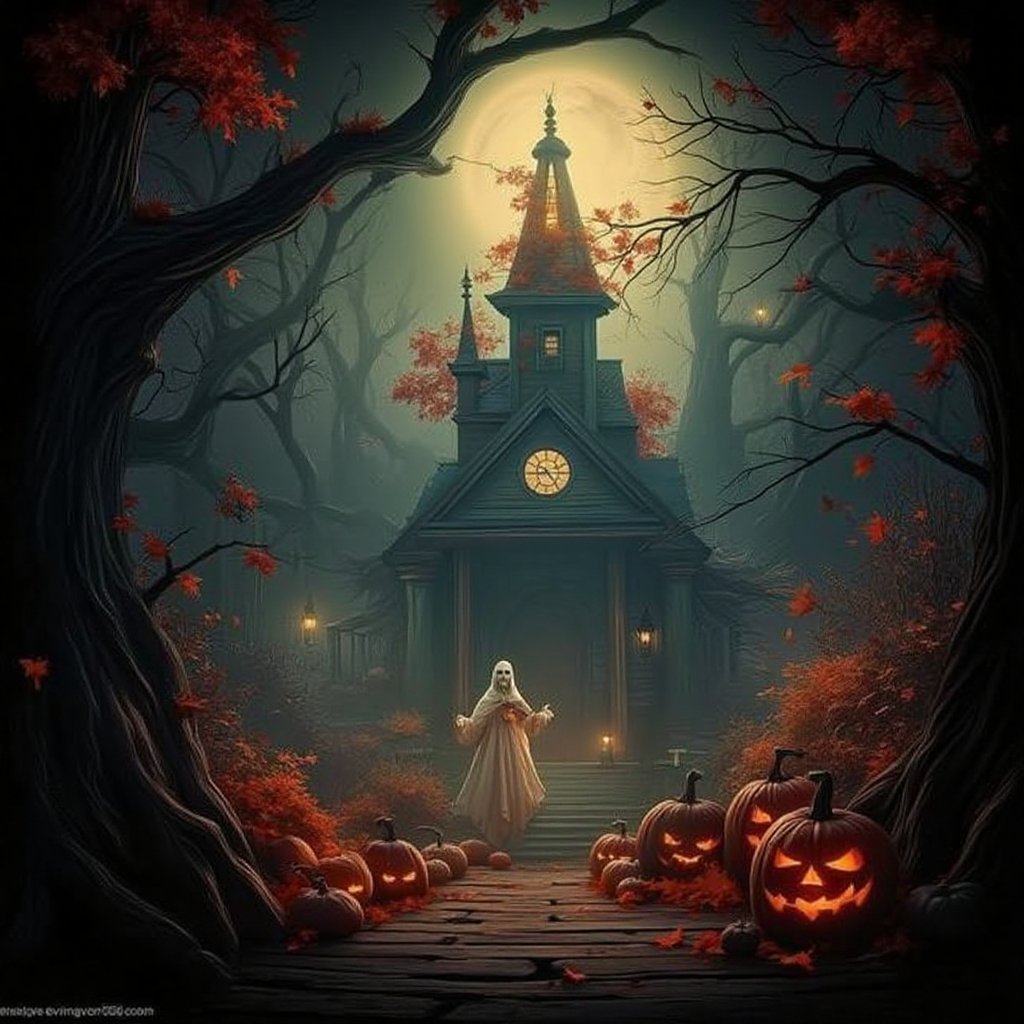 Masterpiece, high quality, illustration, 8k , outdoor, tree, no humans, nature, halloween, ghost, lantern, jack-o'-lantern, pumpkin, autumn, ghost costume, Halloween2024