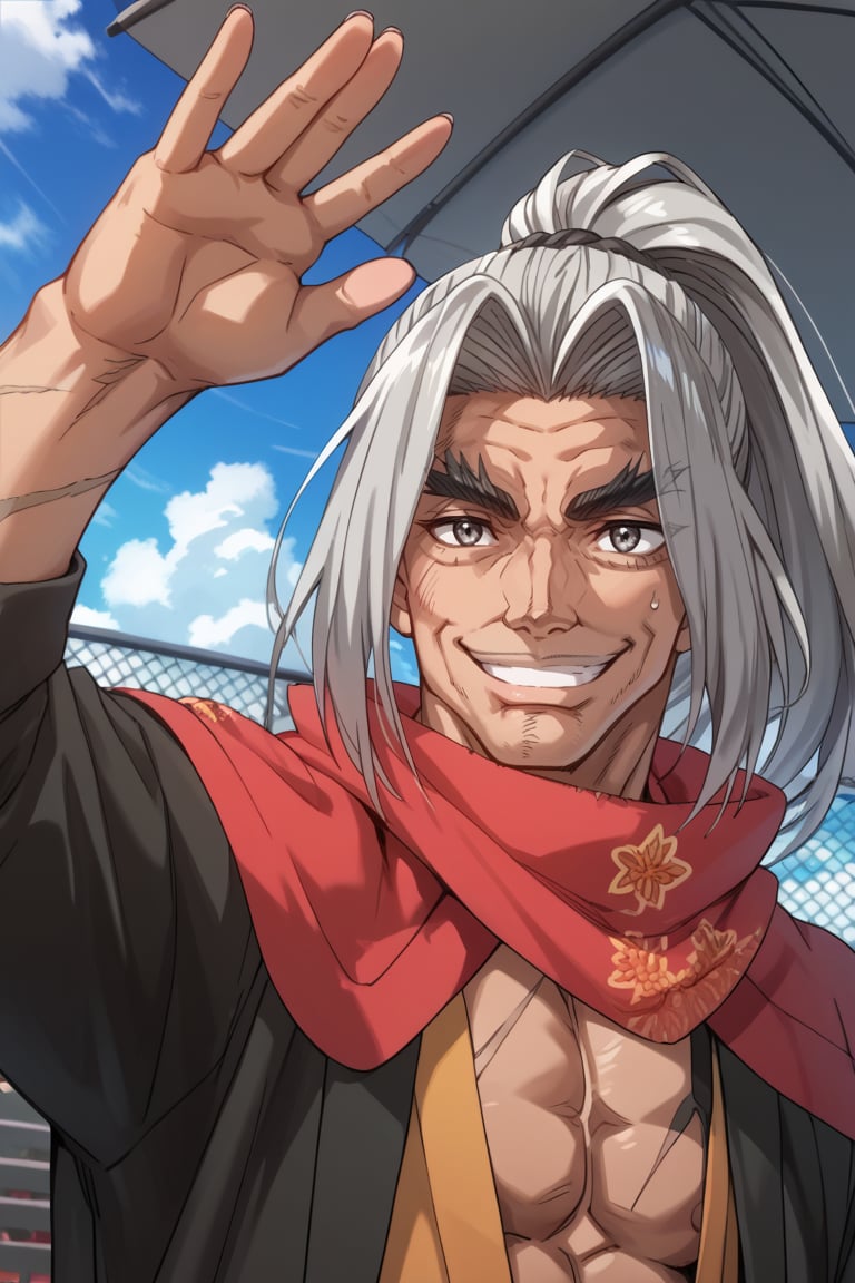 score_9,score_8_up,score_7_up,score_6_up,score_5_up,score_4_up,source_anime,Record of Ragnarok,Sasaki Kojiro,old,older man,1man,silver hair,ponytail,thick eyebrows,grey eyes,muscular,tall, waving, smile