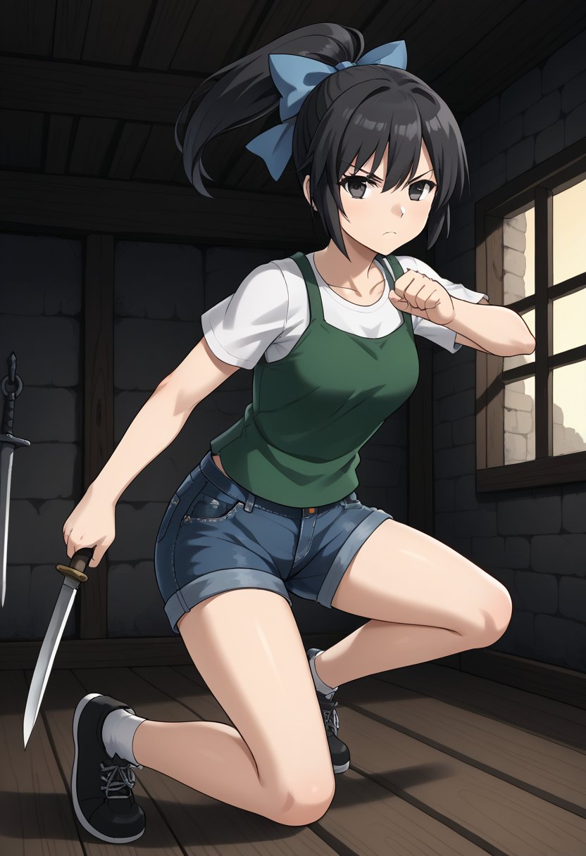 1girl, solo, toudouharukakisei, black hair, ponytail, black eyes, hair bow, blue bow, layered shirt, denim shorts, serious, holding, knife, indoors, underground, dungeon, dynamic pose
