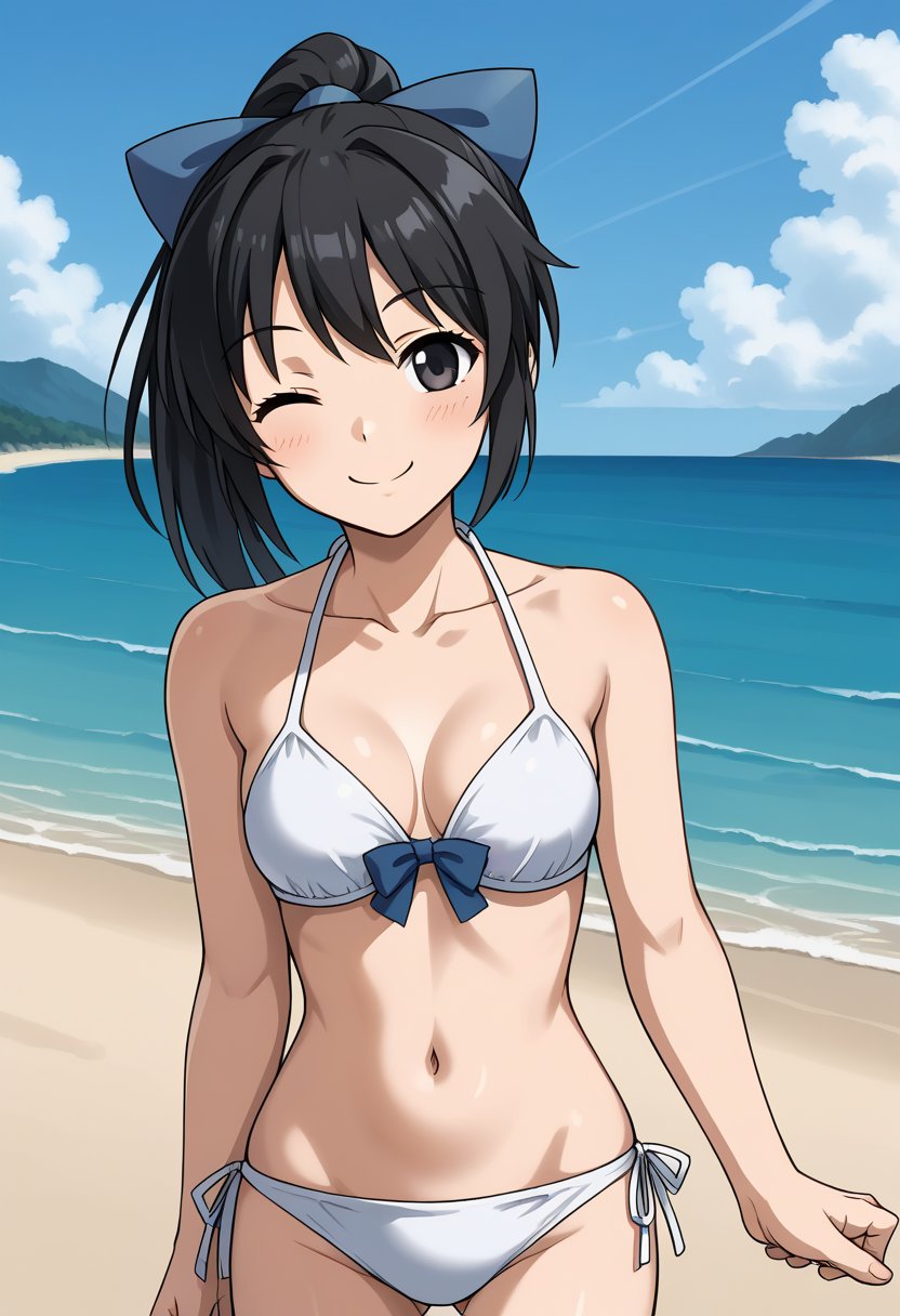 1girl, solo, toudouharukakisei, black hair, ponytail, black eyes, hair bow, blue bow, white bikini, outdoors, beach, wink, smile, standing, cowboy shot
