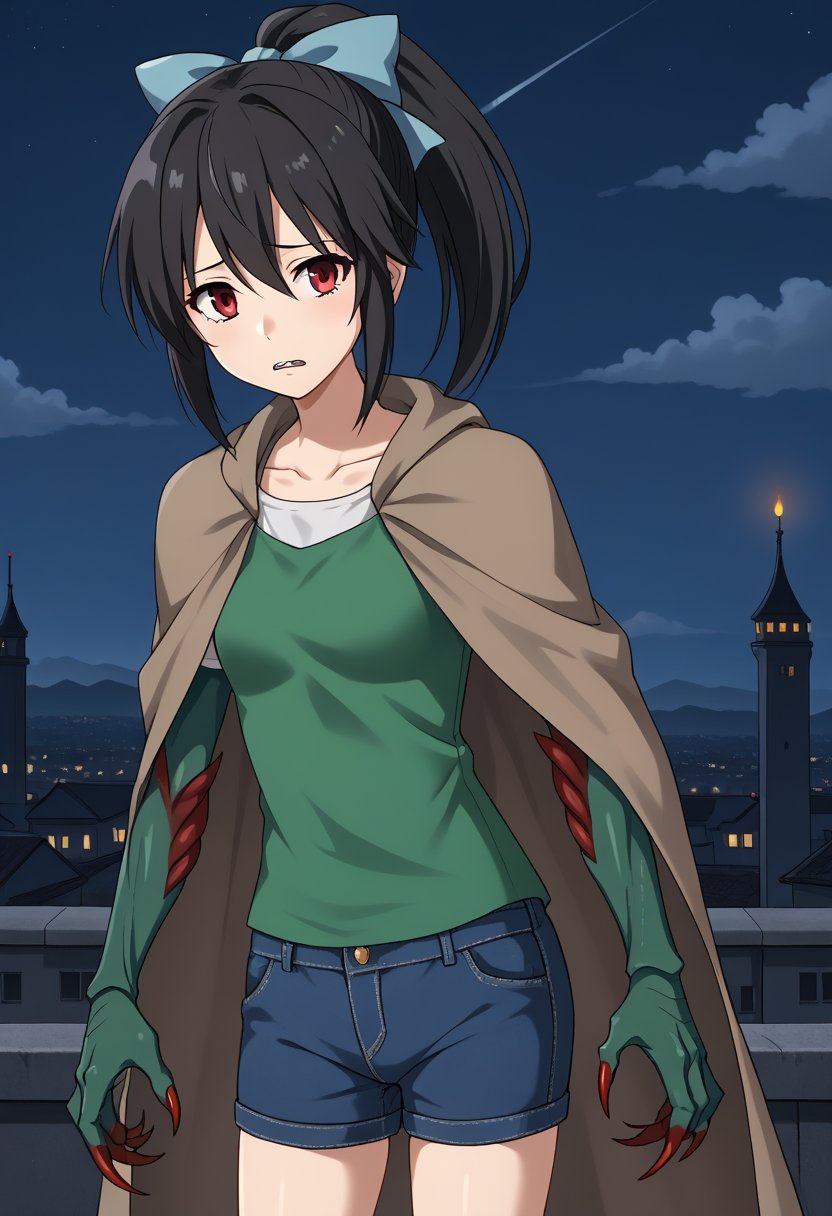 1girl, solo, mutatedharuka, toudouharukakisei, black hair, ponytail, red eyes, hair bow, blue bow, green shirt, brown cloak, mutated arms, green arms, sharp nails, monster girl, denim shorts,, outdoors, rooftop, cityscape, cloudy sky, night, standing, sad, teeth, grimace, cowboy shot, facing viewer, looking at viewer