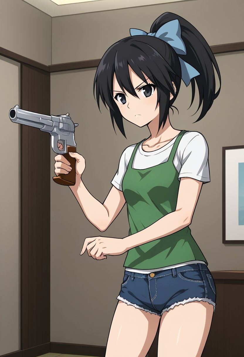 1girl, solo, toudouharukakisei, black hair, ponytail, black eyes, hair bow, blue bow, layered shirt, denim shorts, serious, holding, handgun, indoors, corridors, standing, cowboy shot,
