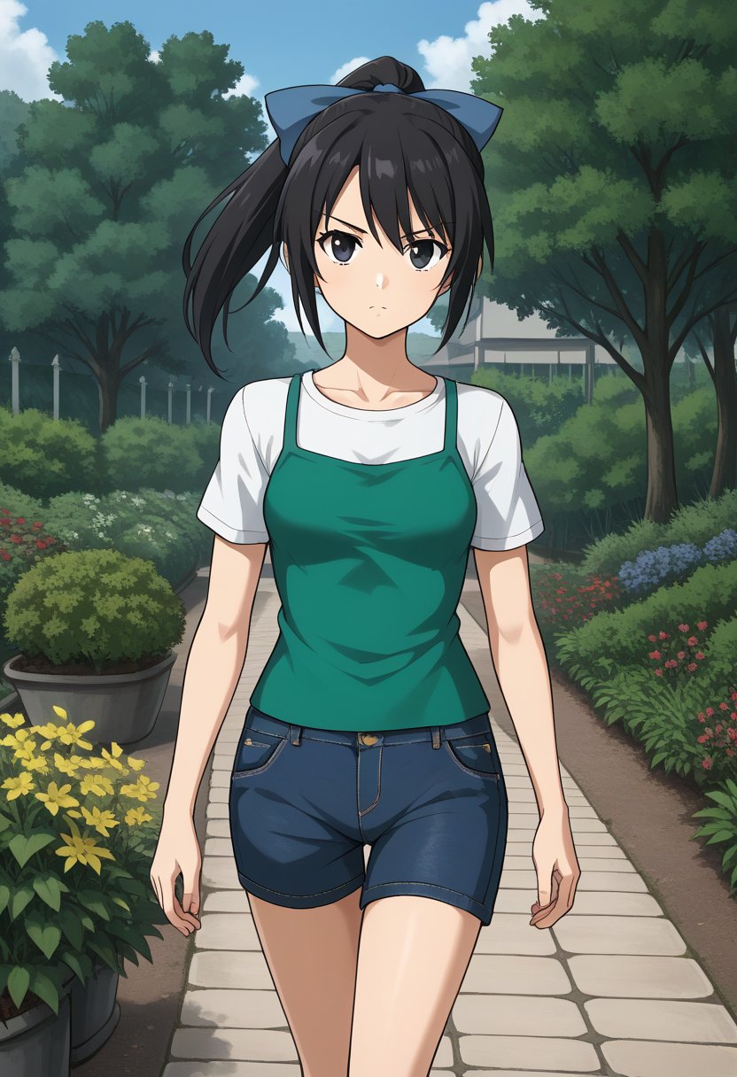 1girl, solo, toudouharukakisei, black hair, ponytail, black eyes, hair bow, blue bow, layered shirt, denim shorts, outdoors, garden, serious, walking, cowboy shot, looking at viewer
