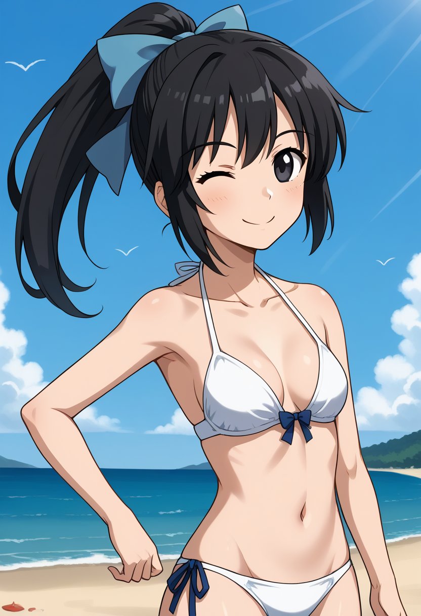 1girl, solo, toudouharukakisei, black hair, ponytail, black eyes, hair bow, blue bow, white bikini, outdoors, beach, wink, smile, standing, cowboy shot
