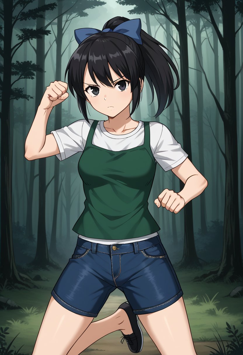 1girl, solo, toudouharukakisei, black hair, ponytail, black eyes, hair bow, blue bow, layered shirt, denim shorts, black shoes, outdoors, forest, dark forest, standing, feet apart, legs apart, dynamic pose, fighting stance, serious, looking at viewer
