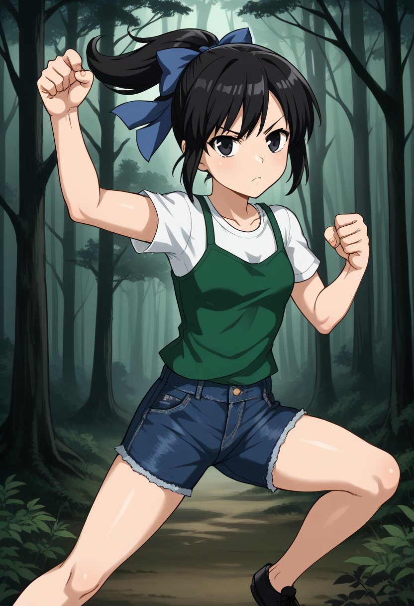 1girl, solo, toudouharukakisei, black hair, ponytail, black eyes, hair bow, blue bow, layered shirt, denim shorts, black shoes, outdoors, forest, dark forest, standing, feet apart, legs apart, dynamic pose, fighting stance, serious, looking at viewer
