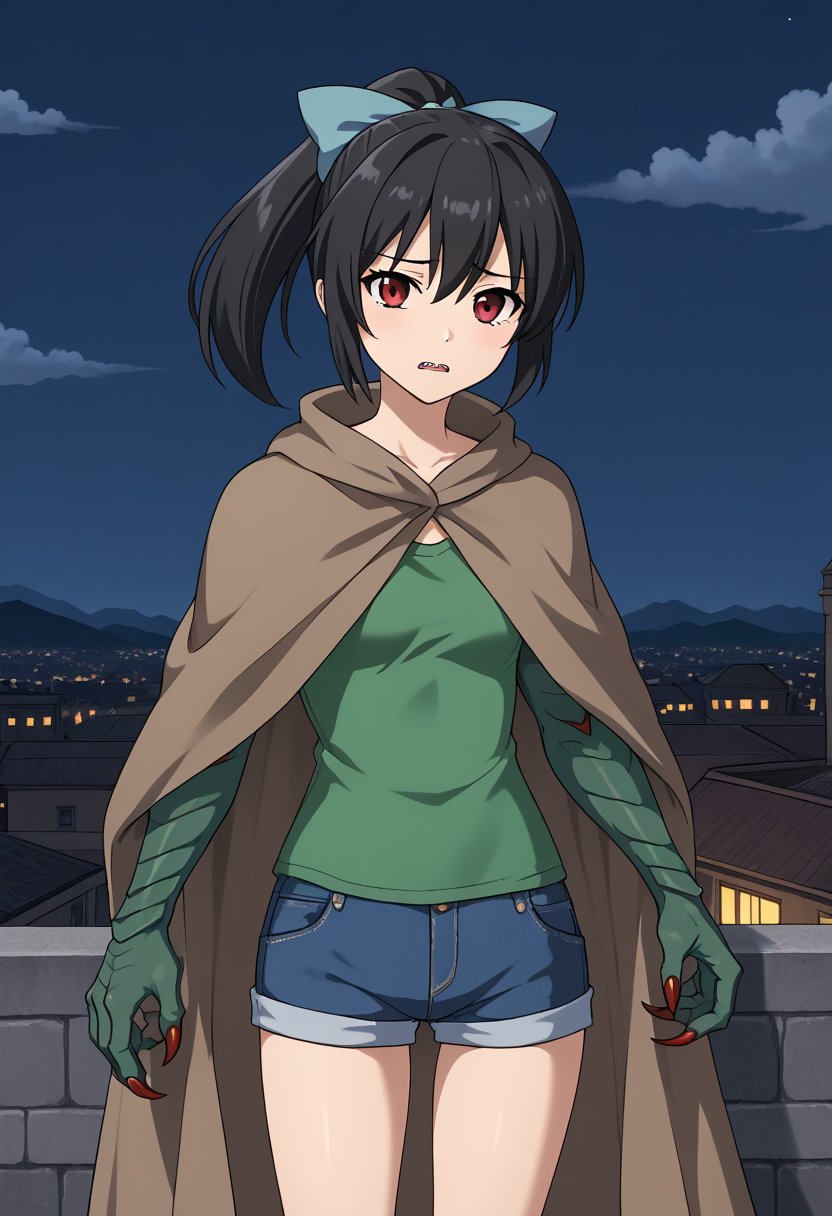 1girl, solo, mutatedharuka, toudouharukakisei, black hair, ponytail, red eyes, hair bow, blue bow, green shirt, brown cloak, mutated arms, green arms, sharp nails, monster girl, denim shorts,, outdoors, rooftop, cityscape, cloudy sky, night, standing, sad, teeth, grimace, cowboy shot, facing viewer, looking at viewer