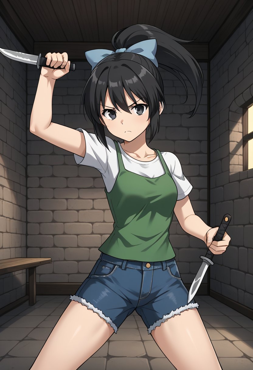 1girl, solo, toudouharukakisei, black hair, ponytail, black eyes, hair bow, blue bow, layered shirt, denim shorts, serious, holding, knife, indoors, underground, dungeon, dynamic pose
