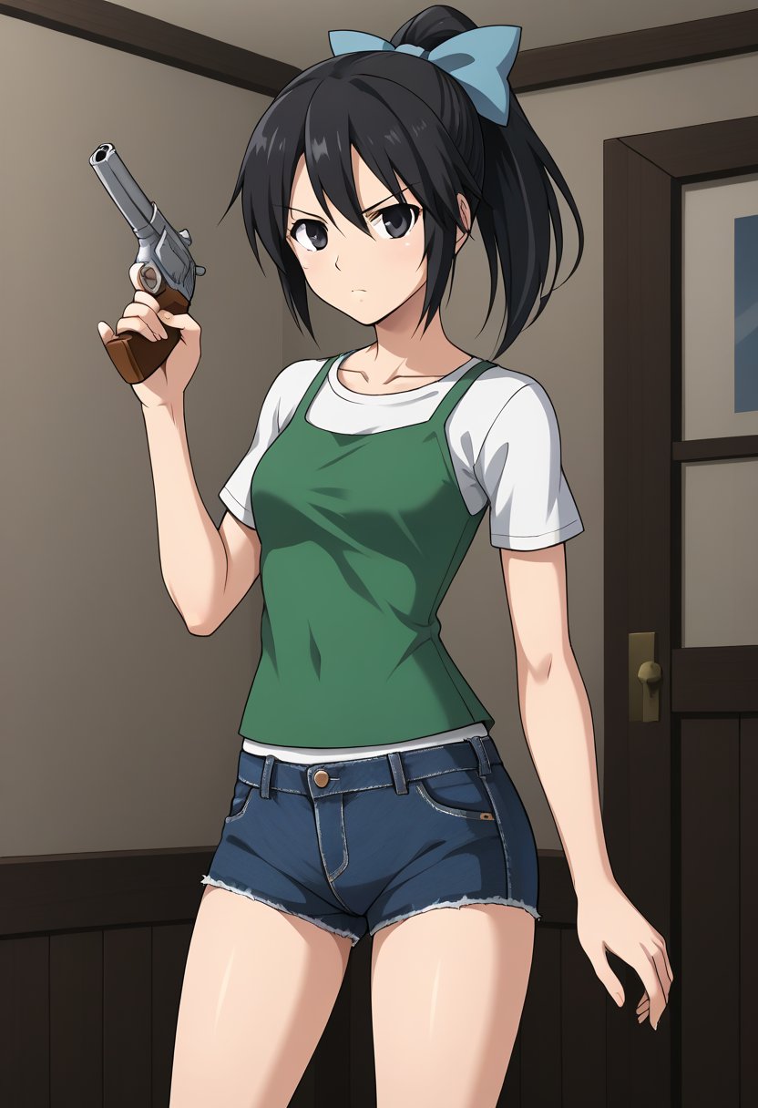 1girl, solo, toudouharukakisei, black hair, ponytail, black eyes, hair bow, blue bow, layered shirt, denim shorts, serious, holding, handgun, indoors, corridors, standing, cowboy shot,
