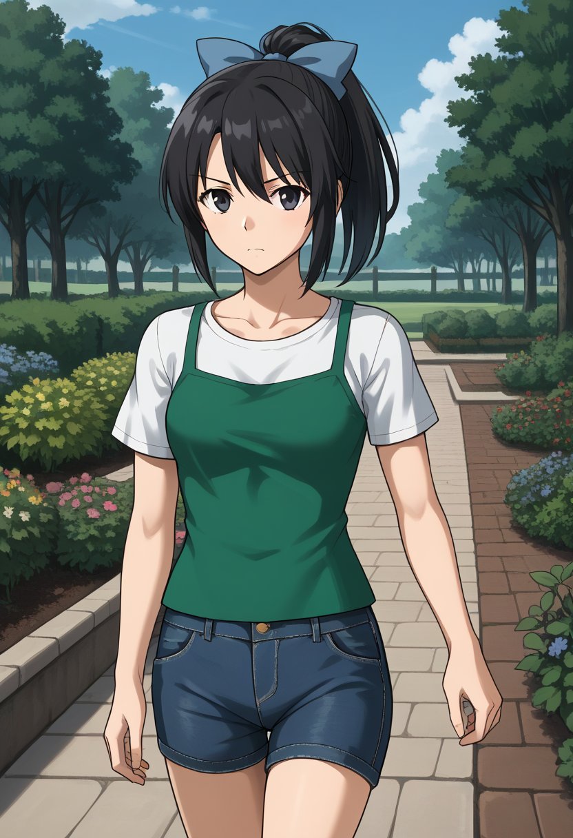 1girl, solo, toudouharukakisei, black hair, ponytail, black eyes, hair bow, blue bow, layered shirt, denim shorts, outdoors, garden, serious, walking, cowboy shot, looking at viewer
