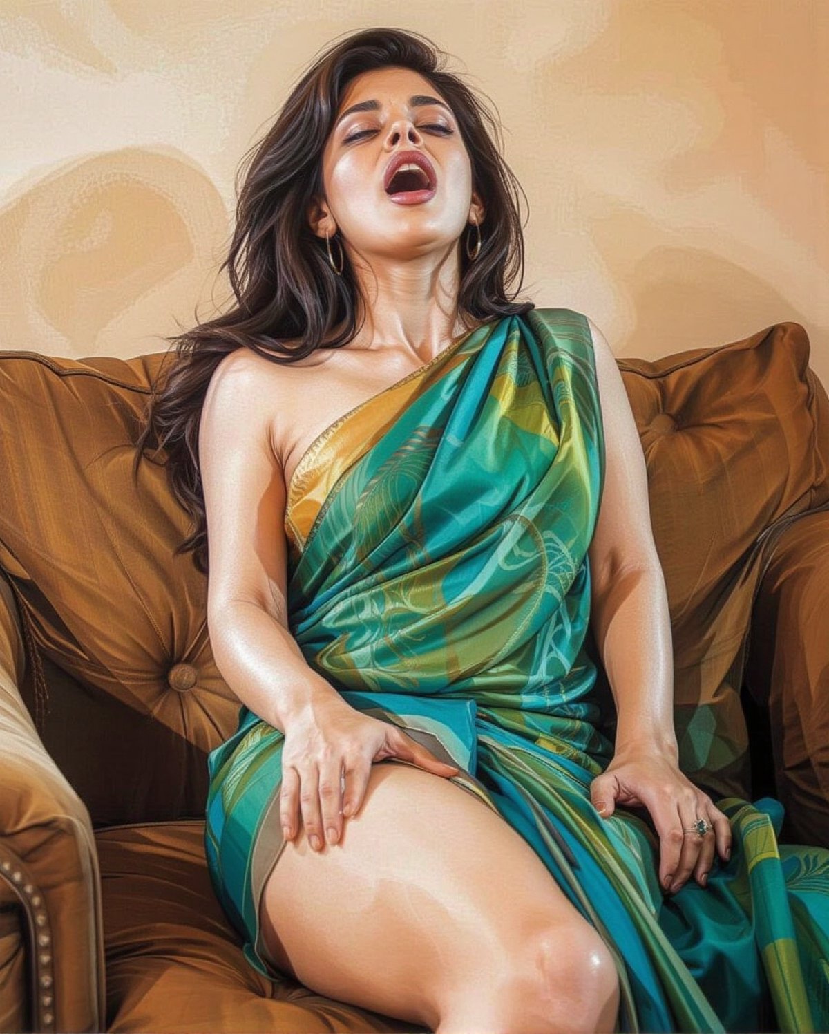 Cartoon style,  comics style,  erotic image of a petite woman sitting on sofa while wearing a vibrant silk saree that clin...