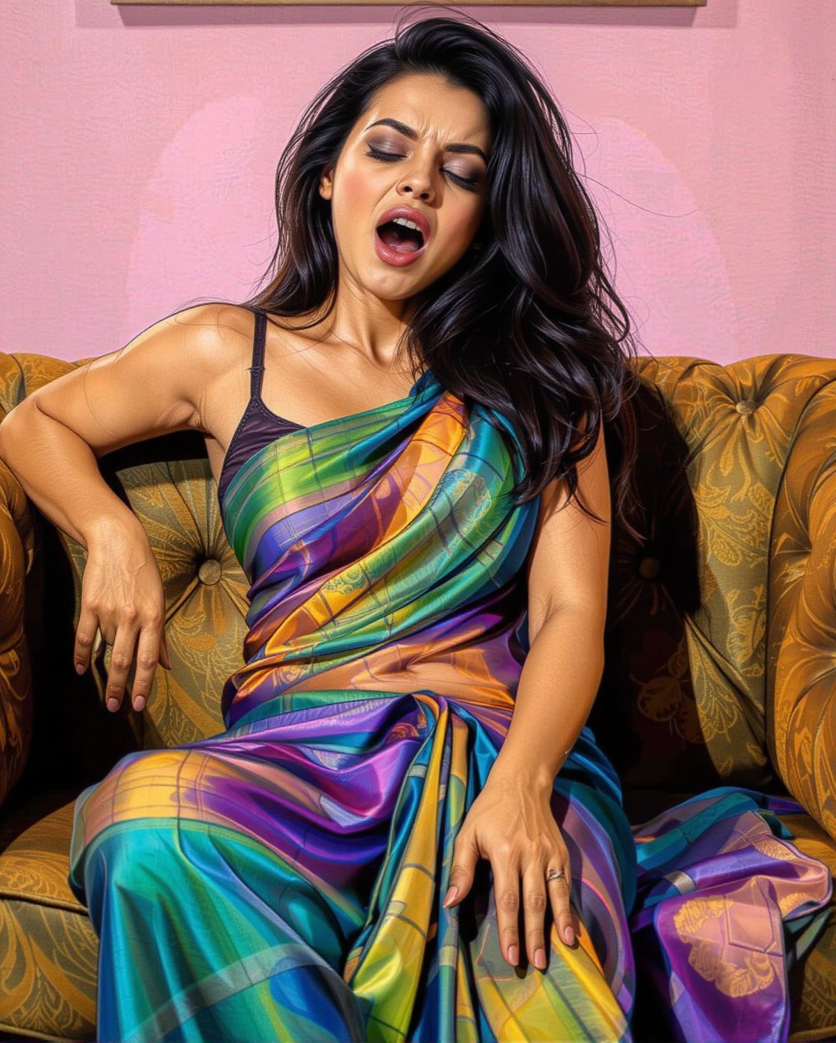 Cartoon style,  comics style,  erotic image of a petite woman sitting on sofa while wearing a vibrant silk saree that clin...