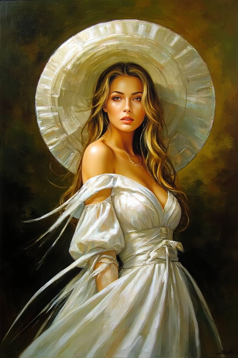 "Create a dramatic, richly detailed painting in a Karol Bak style, depicting a young woman with long, loosely curled hair illuminated by bold, directional lighting. She is dressed in an opulent white gown, with luxurious fabric draped in deep, voluminous folds that catch the light and emphasize texture and form. The woman wears an extravagant, oversized hat with elegant, sweeping curves, rendered with meticulous attention to detail. The lighting is intense, casting deep shadows and sharp highlights that sculpt her features, creating a dramatic chiaroscuro effect typical of Karol Bak's style. The background is richly textured and atmospheric, fading into shadow to further highlight the subject’s radiant presence. Her expression is poised yet expressive, conveying a sense of both grace and intensity. The overall composition is grand and theatrical, filled with movement and contrast, capturing Karol Bak's fascination with drama, emotion, and the interplay of light and shadow. The scene evokes a sense of timeless elegance and dramatic beauty, blending rich textures and vibrant contrasts to create a visually powerful work."