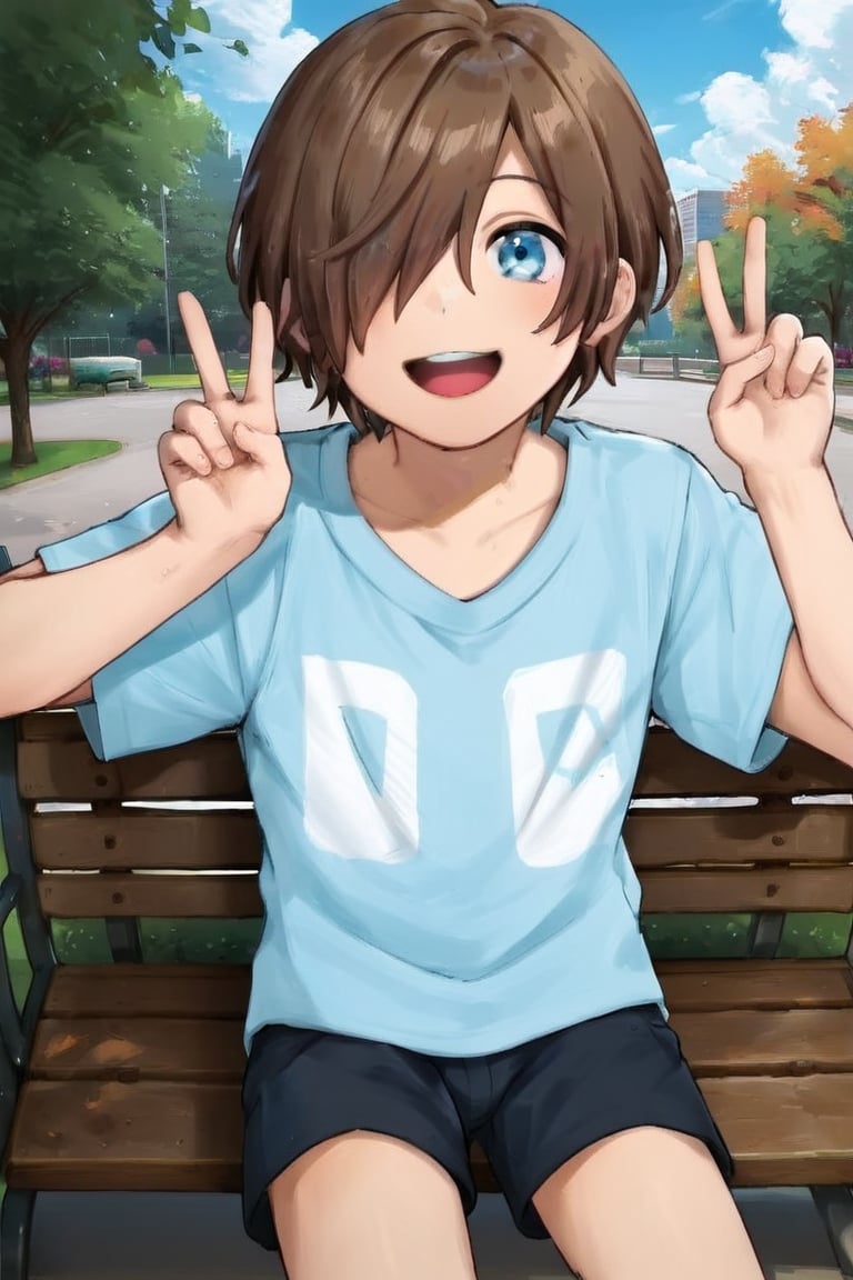 BREAK, 1boy, male focus, looking at viewer, close up, from above, smile, open mouth, hands up, peace sign, park, sitting on bench
,NAKAMU,Light blue eyes,brown hair,hair over one eye