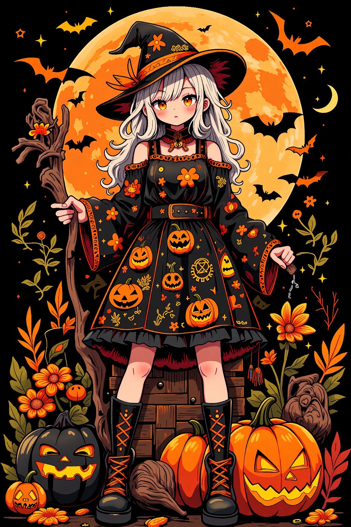 (masterpiece, best quality:1.2),vector art,Girl whitcher , dress {black and orange},(({hair white})),ornaments ,Halloween,orange,bats,halloween pumpkin,full moon,bat,More Detail),More Detail