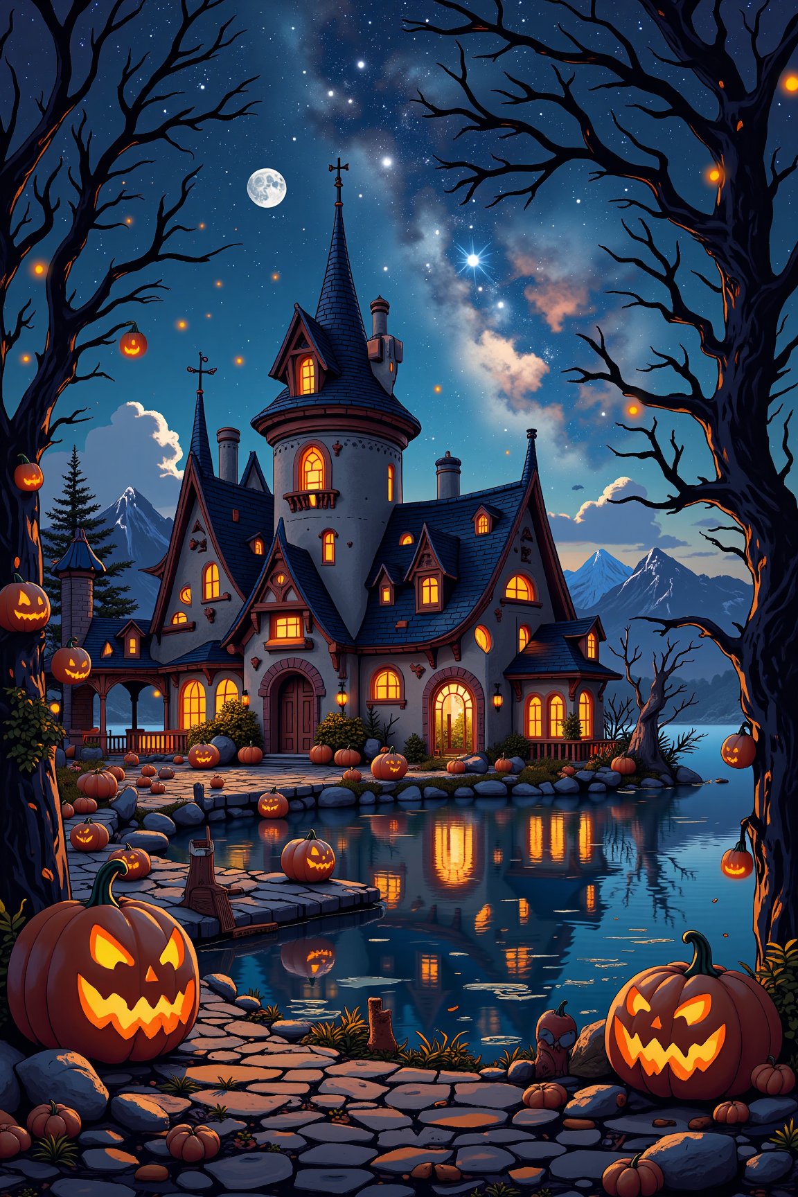 Within the confines of this peculiar ((small village)), under a breathtakingly star-studded sky, lake, a Halloween spectacle unfolds. Pumpkins adorned with spooky carvings illuminate the surroundings, while ghostly apparitions playfully make their presence known. The architectural style is reminiscent of a blend between Frank Lloyd Wright's organic principles and Salvador Dali's surrealistic touch. This scene evokes a sense of historical mystery, as if frozen in a dream-like dimension. The image aims to be an academic art masterpiece, inspired by surrealism with a surreal, captured in a concept art style. This artistic creation finds its roots on platforms like Pixiv, merging the realms of reality and the fantastic."