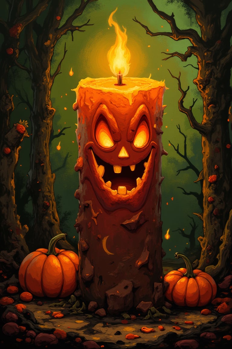 A giant candle with a Halloween pumpkin body, in a spooky Halloween setting with complementary maroon and olive green colors.", "style": "Gothic and dark style", "technique": "Use of expressive and dynamic brushstrokes, with a focus on texture and lighting.", "colors": "Dark and mysterious colors, with a color palette: Maroon, olive green, black, yellow", "details": "The candle has a smiling face and a flame that burns with an intensity that seems to hypnotize. The environment is full of mystery and suspense, with complementary maroon and olive green colors that create an effect of contrast and tension.", "lighting": "The lighting is dramatic and expressive, with the candle flame burning with an intensity that seems to hypnotize and create a warm and mysterious lighting effect."