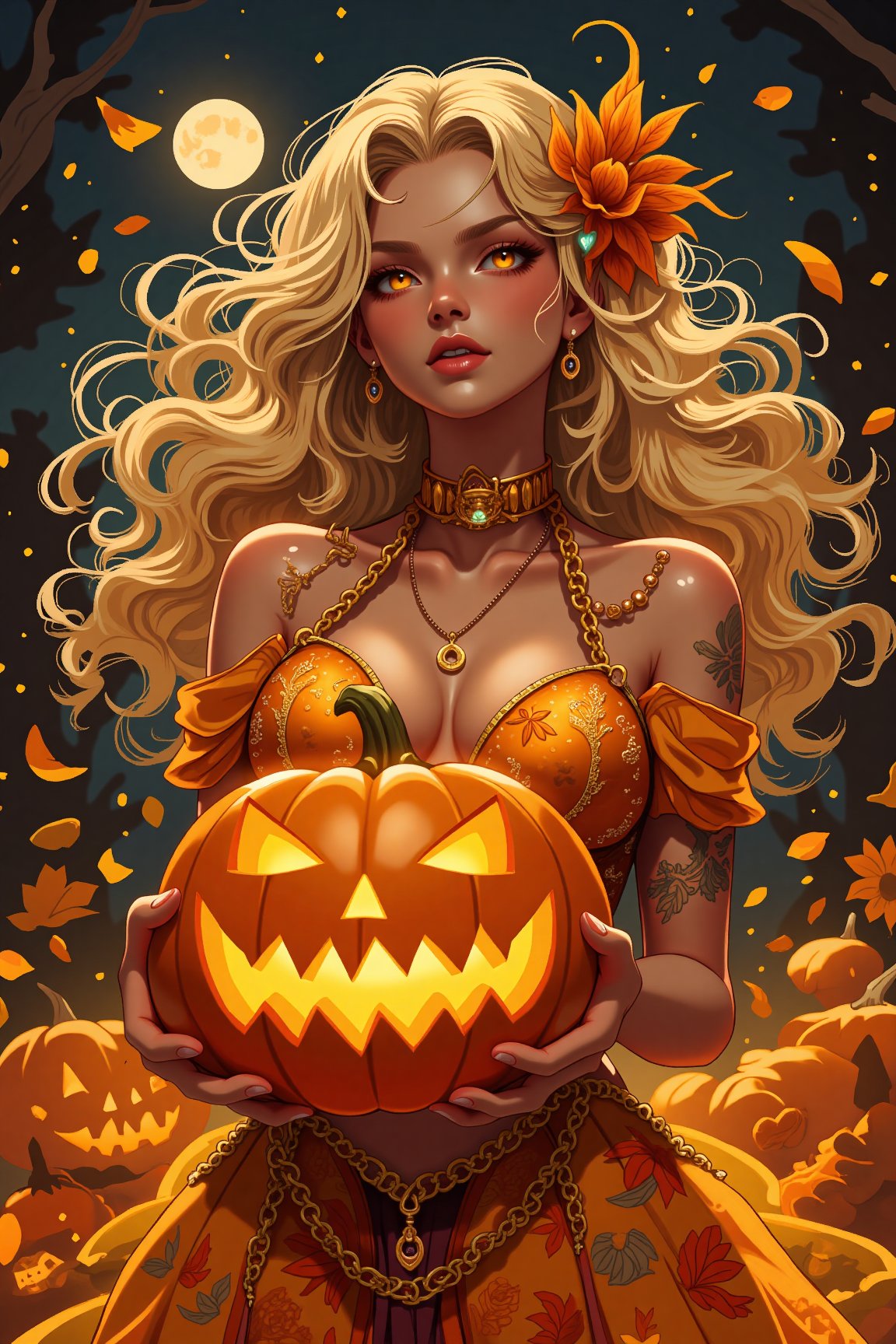 best quality, high resolution, 8k, realistic, sharp focus, photorealistic image of beautiful princess holding a halloween pumpkin, ((intricate golden hair)), sharp gaze into viewer, intricate light, cleavage, big breasts, windy, leaves, dark sky, moon light, dazzling golden magical background, halloween_costume, pumpkin, Lenkaizm, high quality, hyper-detailed face, hyper detailed eyes, perfect anatomy, shiny skin, glowing, reflection, 5 fingers, luminescene particles, surrealism,huayu, sparkling, p3rfect boobs, more detail XL, high saturation, low contrast,p3rfect boobs,Movie Still