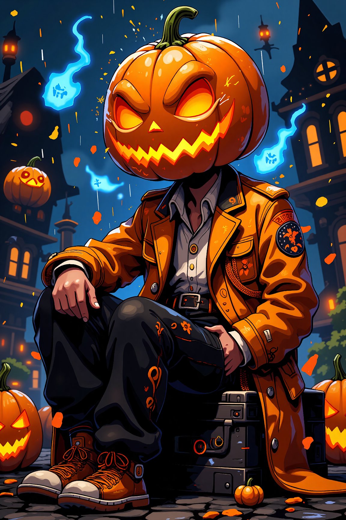 Masterpiece, best quality, (ultra detailed, intricate detailed:1.5), (8K:1.5),perfect anatomy,(detailed outfit), vivid colors, {1creature,Jack O lantern, gentle, boy(age 20), tall, (pumpkin_head:1.8), (((pumpkin_head))), (((pumpkin_head))), (((pumpkin_head))), (((pumpkin_head))), darkness inside, wearing orange suits:1.8), BREAK, (rain splash:1.8), (sitting:1.8), (black pants, white shirt, elegant jacket, ), background (, dark, darkness, graveyard, ghosts , full body, blue flying flames)