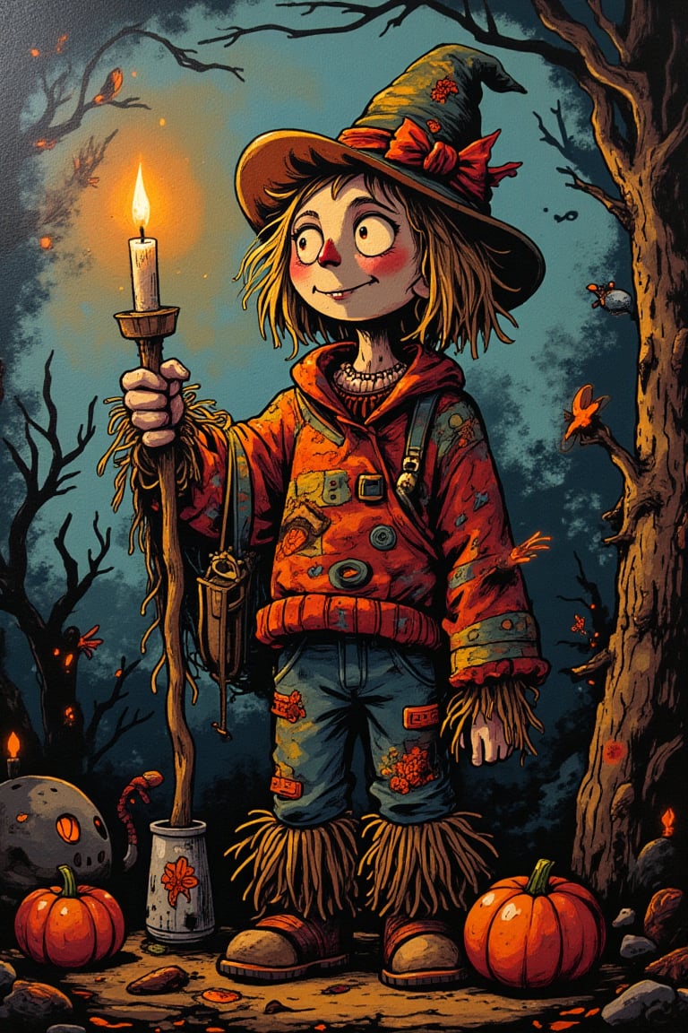 Masterpiece, graffiti artwork, halloween theme about a scarecrow and candle, high quality, 8K resolution.