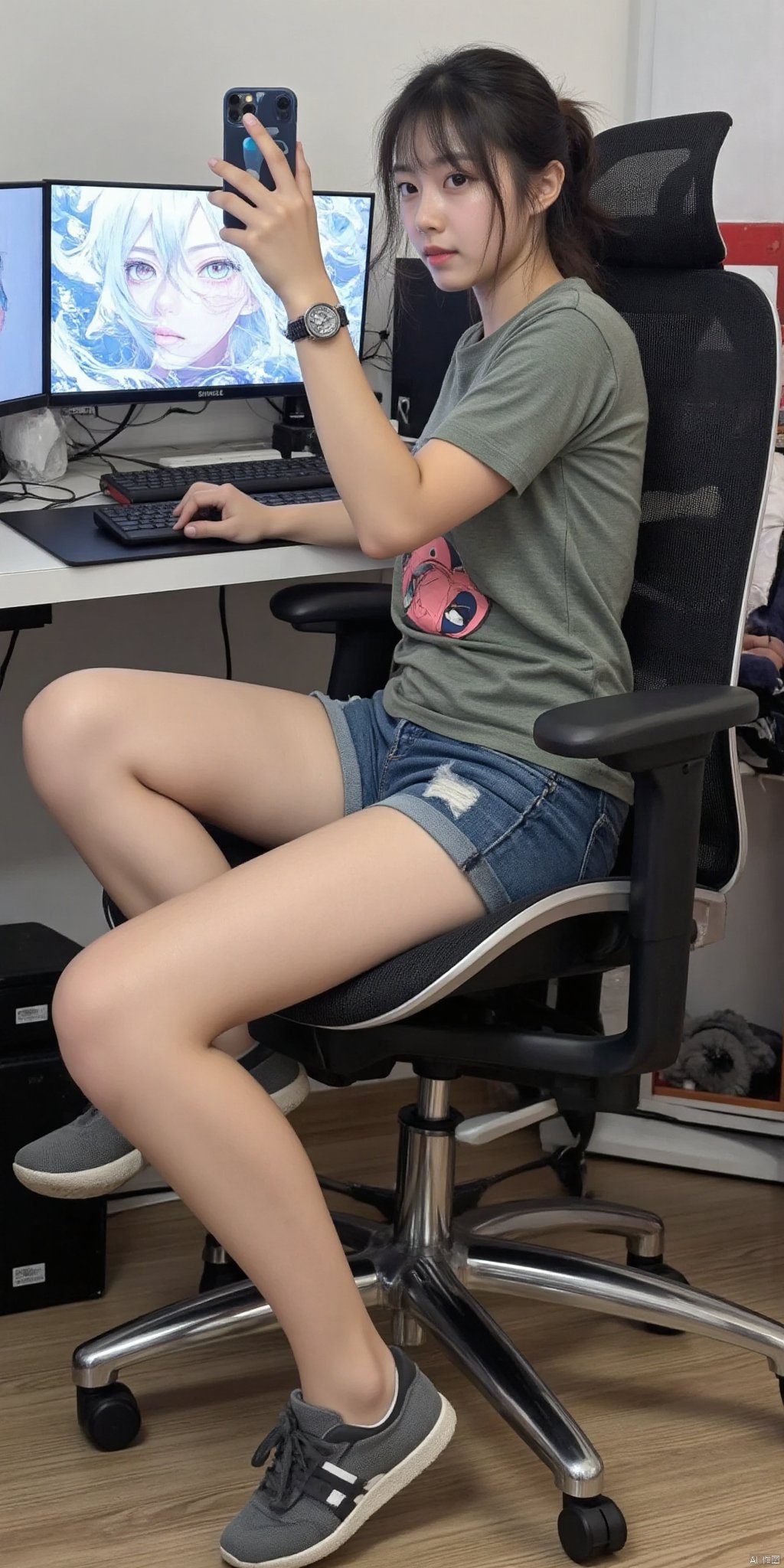 1girl, computer, mobile phone, desk and chair, shorts