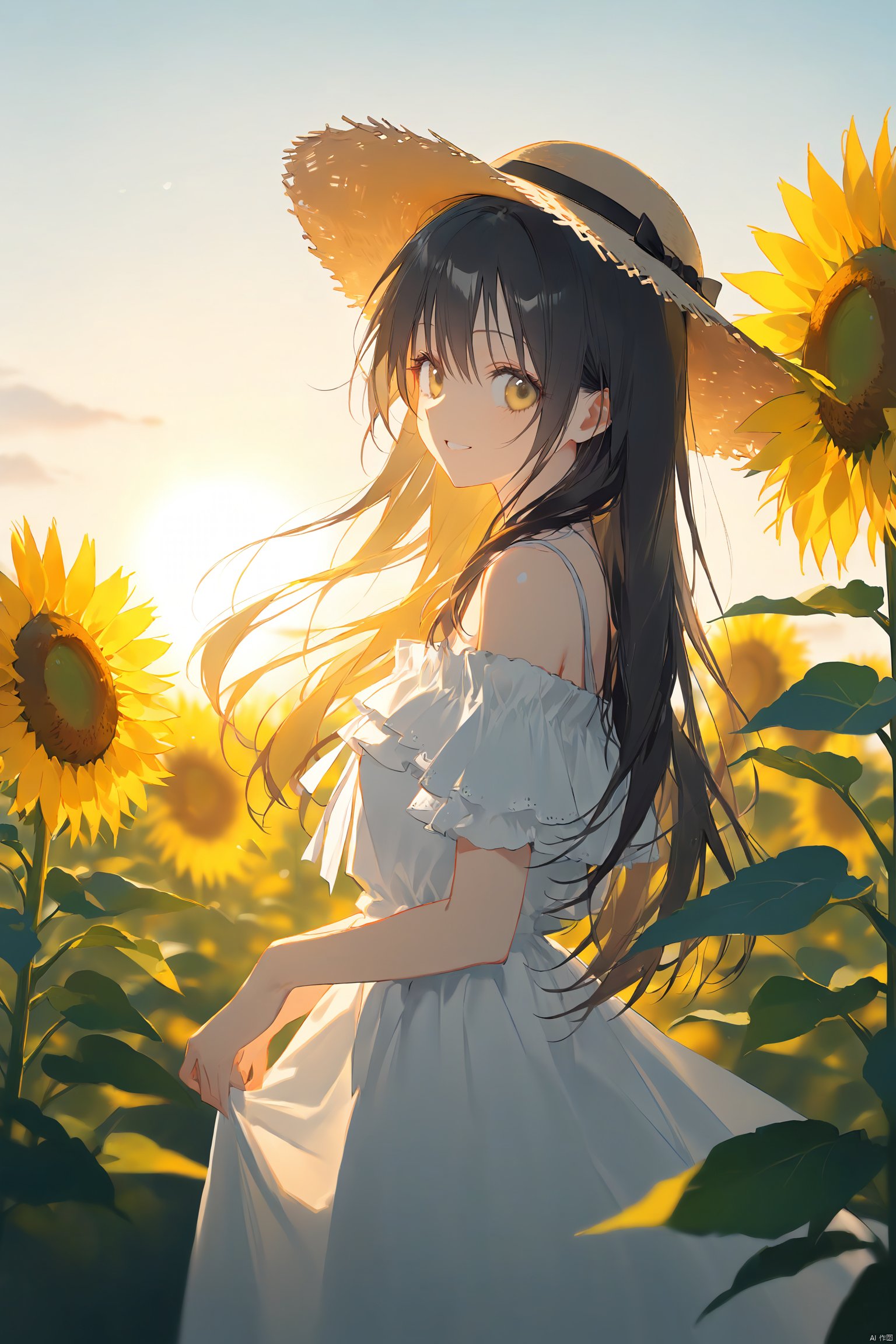 Two-dimensional anime style, a girl with long black straight hair and big shiny eyes, wearing an off-shoulder ruffled white dress, ribbons, bows, and a straw hat with floral ornaments, showing a sly smile, leaning her body slightly, four Fifteen degrees side view. The scene is in the sunflower field, the sun is shining brightly