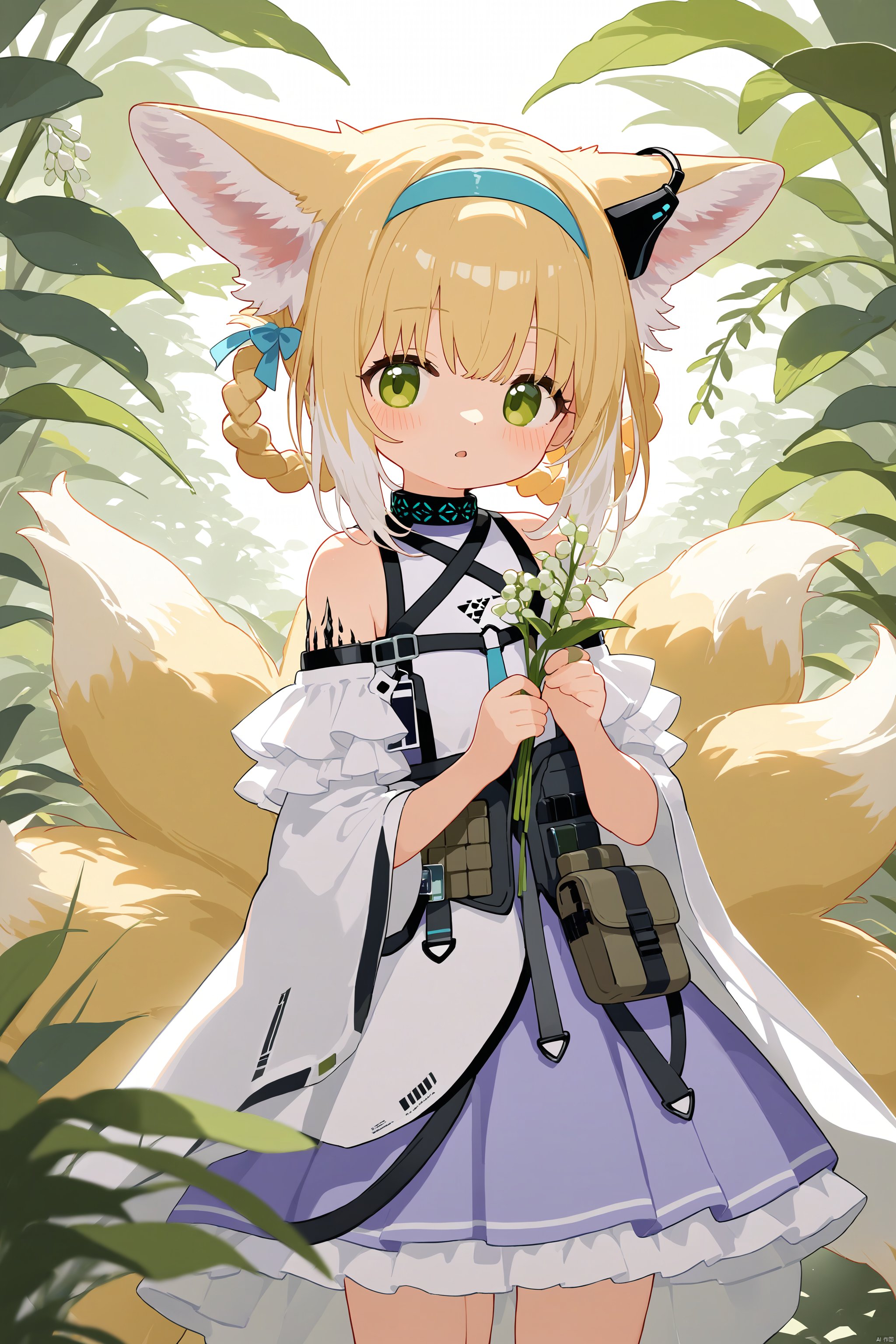 1girl, animal_ears, suzuran_\(arknights\), solo, tail, fox_ears, green_eyes, fox_tail, flower, hairband, infection_monitor_\(arknights\), blonde_hair, looking_at_viewer, holding, plant, bare_shoulders, multiple_tails, blue_hairband, braid, holding_flower, fox_girl, earpiece, oripathy_lesion_\(arknights\), hair_rings, animal_ear_fluff, dress, bangs, pouch, lily_of_the_valley, red_flower, parted_lips, blush, white_flower