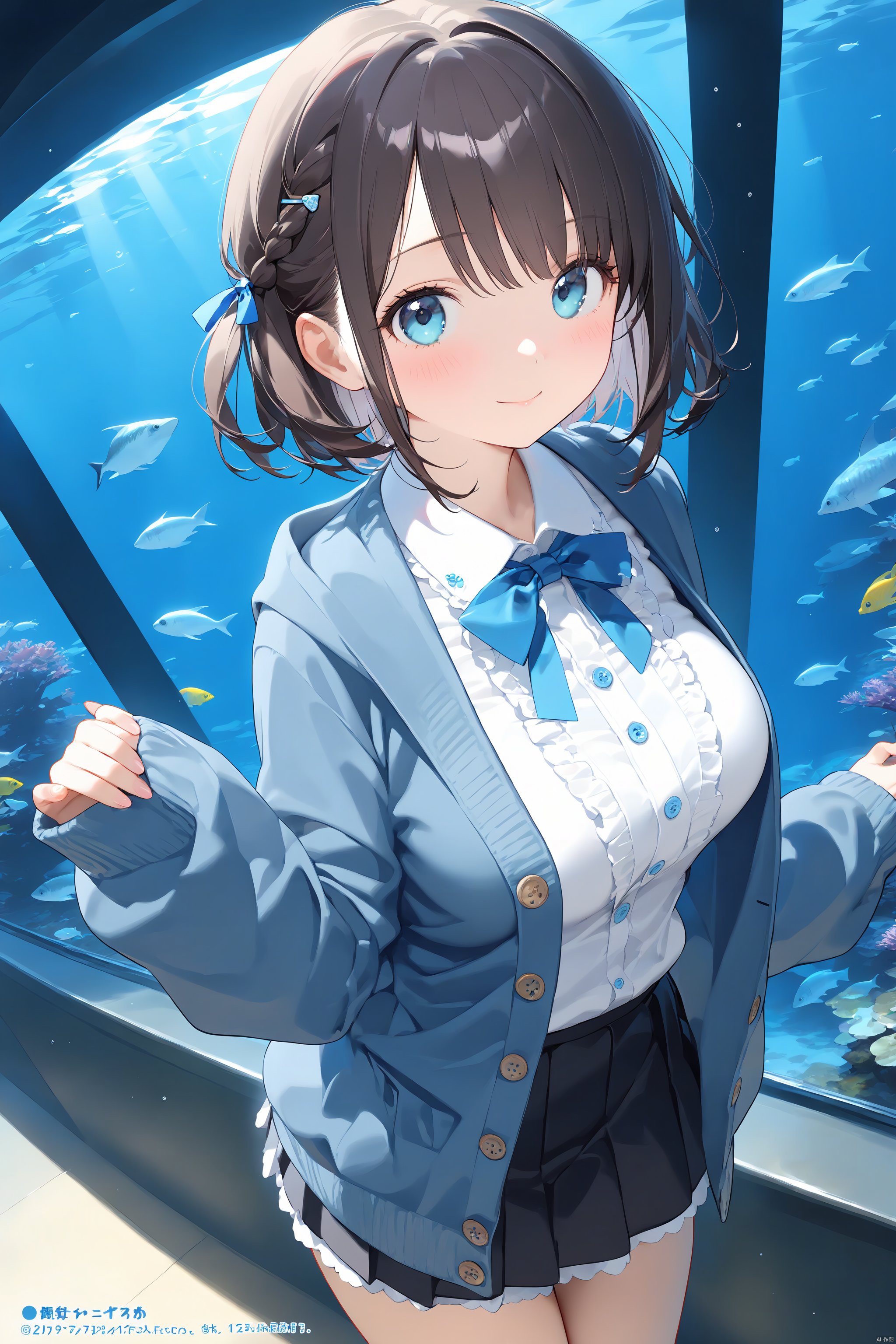 1girl, aquarium, skirt, solo, hair_ornament, looking_at_viewer, bangs, breasts, blush, smile, closed_mouth, shirt, long_sleeves, medium_breasts, blue_cardigan, dutch_angle, buttons, black_hair, blue_eyes, page_number, brown_hair, fish, water, cardigan, short_hair, shiny_hair, ribbon, shiny, open_clothes, braid, multicolored_hair, sleeves_past_wrists, hairclip, jacket, frills, hair_ribbon, white_shirt,