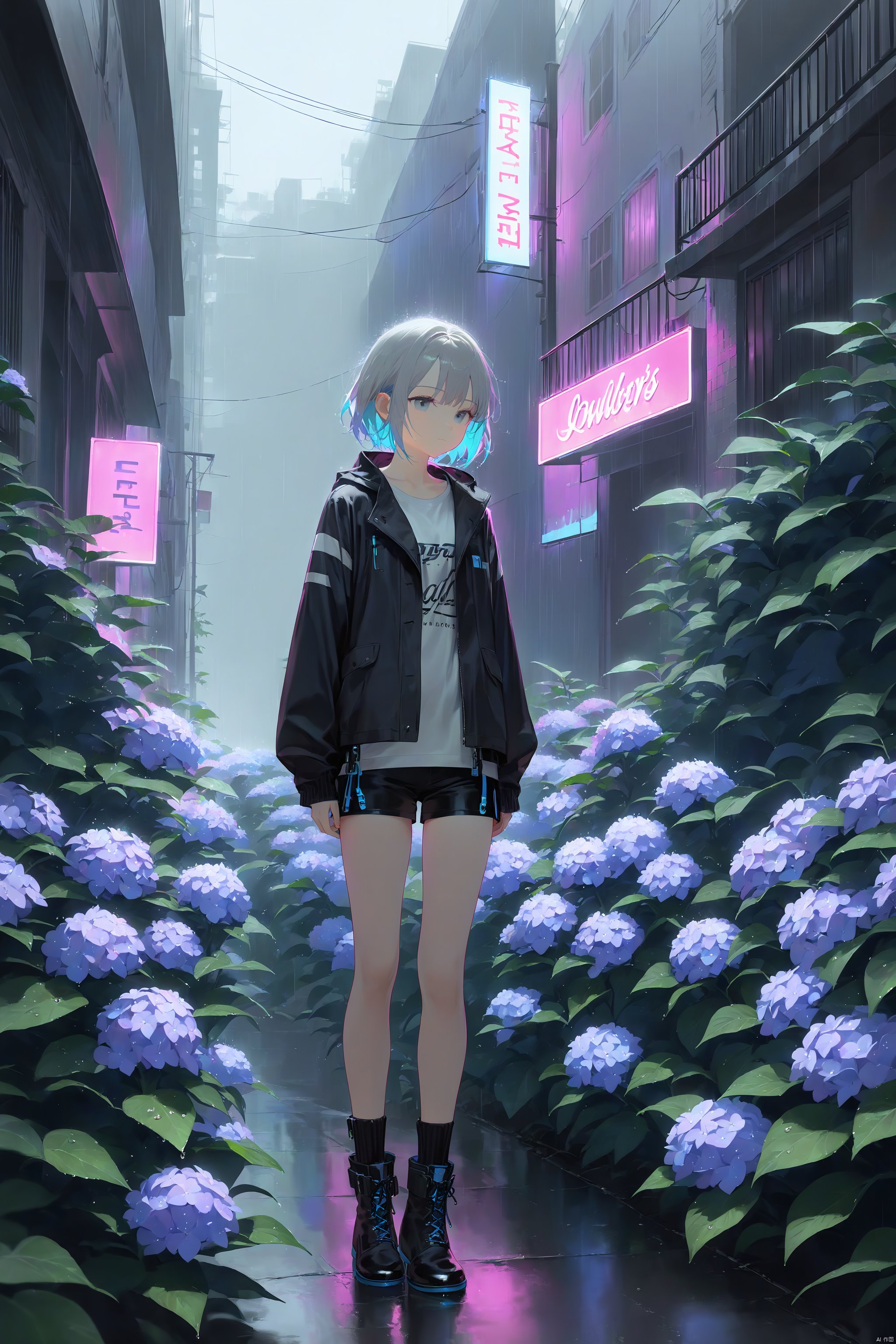 1girl, solo, flower, jacket, short_hair, black_jacket, neon_lights, standing, outdoors, black_footwear, blue_hair, hydrangea, long_sleeves, closed_mouth, boots, rain, shorts, shirt, grey_hair, white_flower, black_shorts,