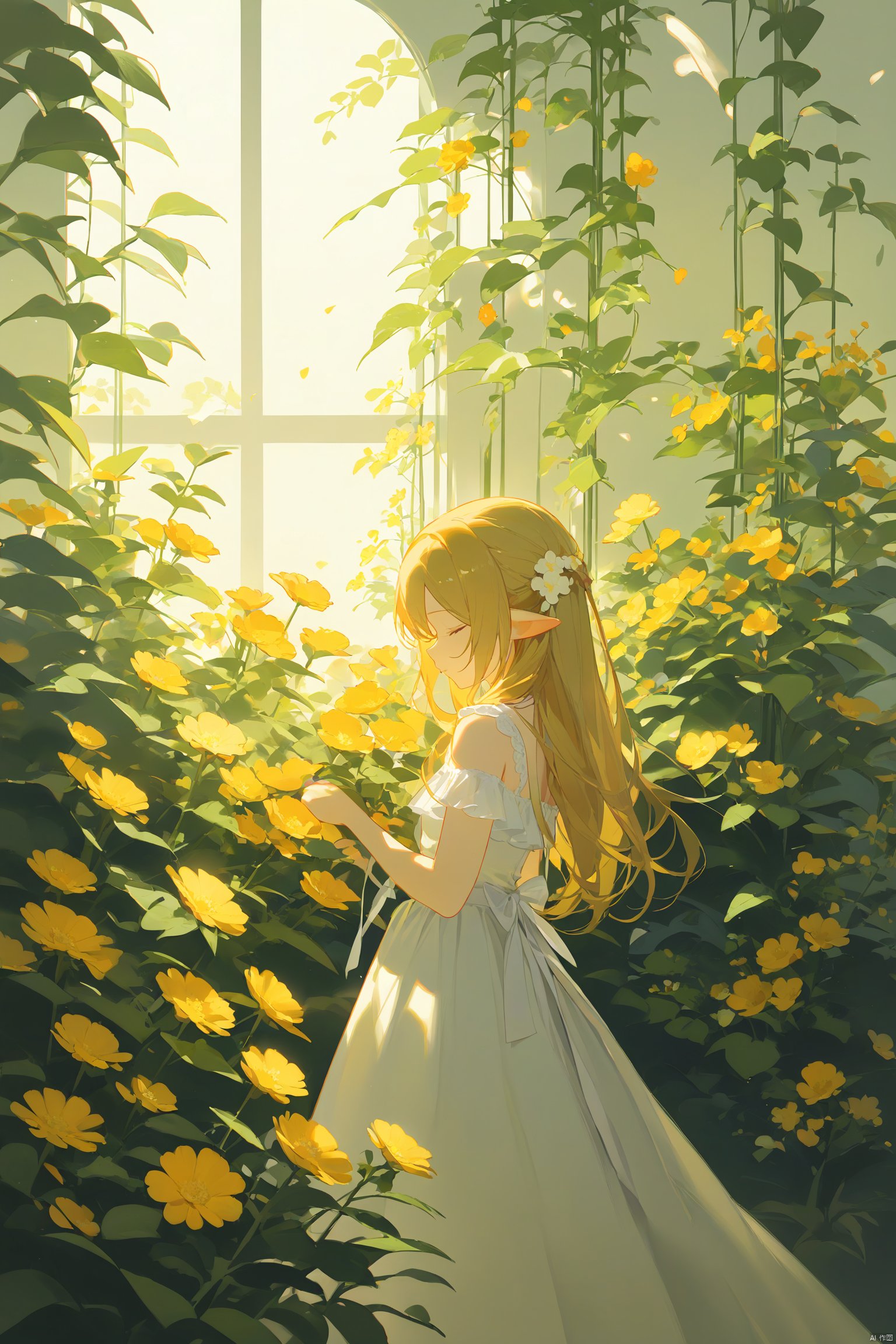 1girl, closed_eyes, dress, flower, long_hair, plant, pointy_ears, ribbon,