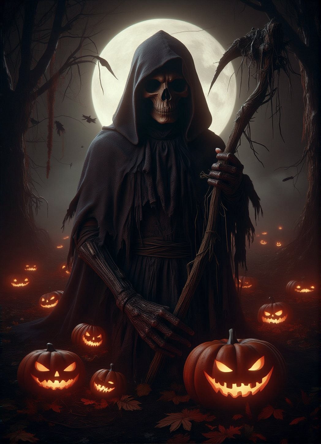 Score_9, score_8_up, score_7_up, write spooky title text "THE SOUL HUNTER". featuring hooded grim reaper, halloween theme. GrmreaperABM,DarkHalloween