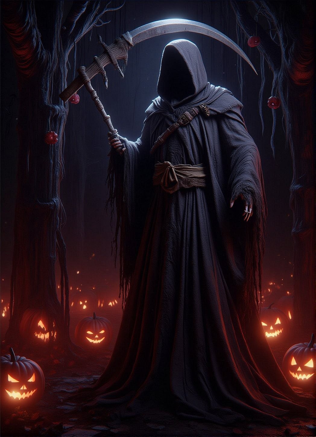 Score_9, score_8_up, score_7_up, write spooky title text "THE SOUL HUNTER". featuring hooded grim reaper, halloween theme. GrmreaperABM,DarkHalloween