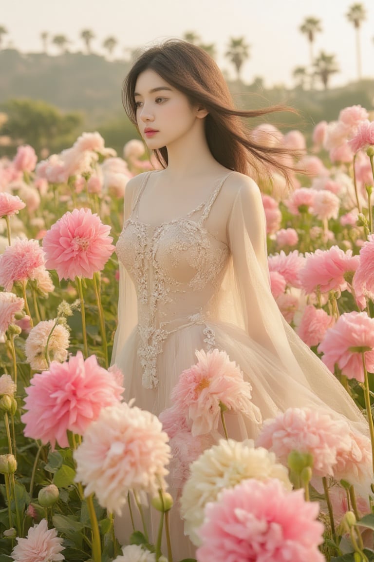 BeNhi, A woman standing amidst a field of vibrant pink flowers, with a soft breeze gently lifting her long, flowing hair. The scene captures a dreamy, ethereal quality, reminiscent of impressionist art, utilizing soft focus and warm sunlight. The woman is dressed in a delicate, sheer gown adorned with intricate pearl and floral embellishments, creating a romantic and whimsical atmosphere. Surrounding her are fluffy dahlia blooms in varying shades of pink and cream, echoing the warmth of the sunlit landscape. The background features a blurred landscape with hints of greenery and palm trees, adding depth to the serene setting. The color palette is dominated by pastel pinks and soft whites, evoking a sense of tranquility and beauty in nature.,Enhanced all,pink_flower_meadow