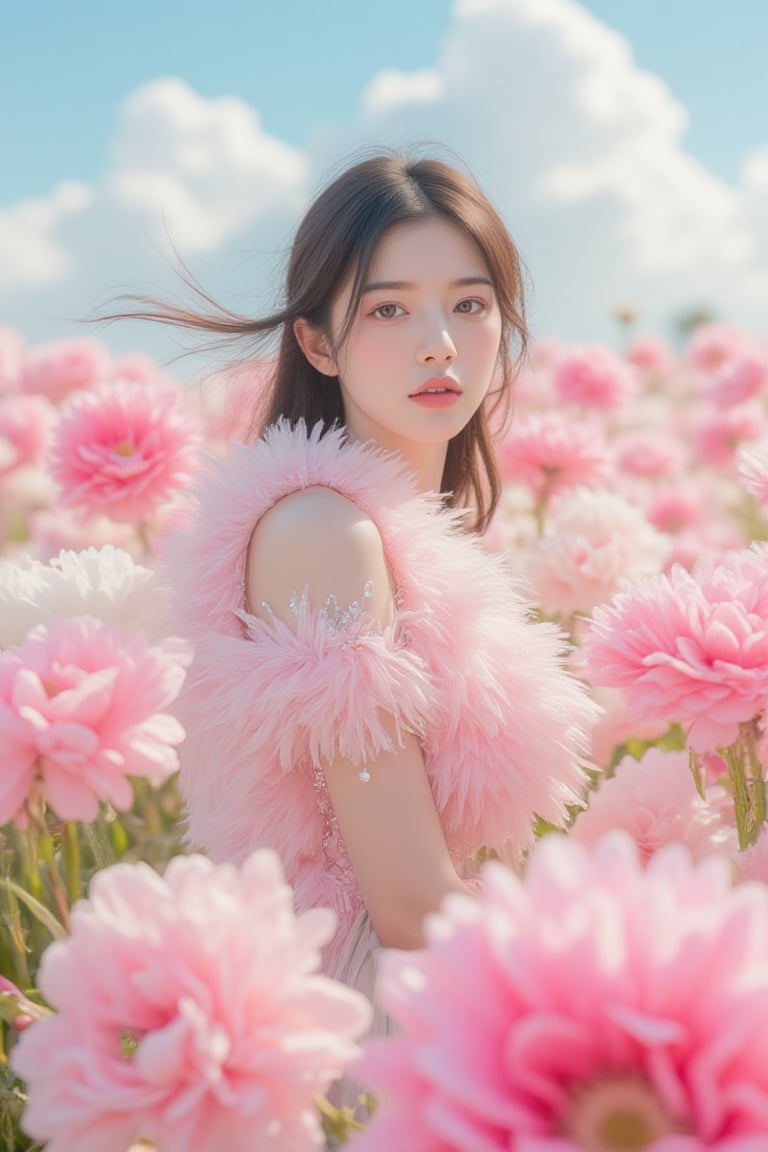 pink_flower_meadow, Portrait of a figure in a field of fluffy, soft pink flowers, surrounded by vibrant, billowing petals that create a dreamy atmosphere. The setting is an ethereal landscape under a clear, sunny sky, with soft clouds adding to the serene vibe. The figure is wearing a delicate, feathery garment in shades of pastel pink, adorned with sparkling embellishments that catch the light. Hair flows gently in the breeze, blending harmoniously with the floral surroundings. The overall aesthetic is hyperrealistic, capturing the intricate details of the flowers and the texture of the fabric, with a color palette dominated by soft pinks, whites, and gentle hints of blue from the sky, creating a whimsical and romantic mood,Enhanced all,Asian