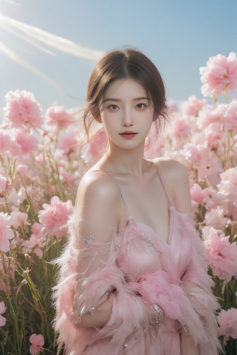 pink_flower_meadow, Portrait of a figure in a field of fluffy, soft pink flowers, surrounded by vibrant, billowing petals that create a dreamy atmosphere. The setting is an ethereal landscape under a clear, sunny sky, with soft clouds adding to the serene vibe. The figure is wearing a delicate, feathery garment in shades of pastel pink, adorned with sparkling embellishments that catch the light. Hair flows gently in the breeze, blending harmoniously with the floral surroundings. The overall aesthetic is hyperrealistic, capturing the intricate details of the flowers and the texture of the fabric, with a color palette dominated by soft pinks, whites, and gentle hints of blue from the sky, creating a whimsical and romantic mood,Enhanced all