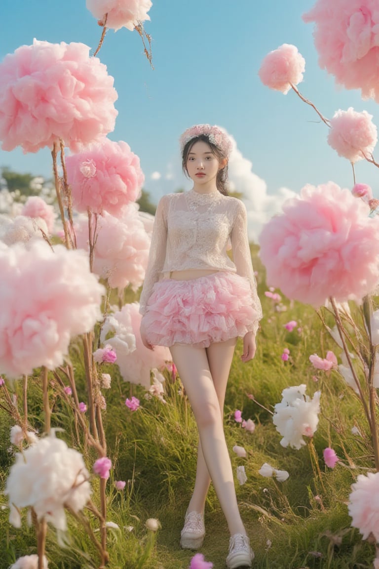 BeNhi, A whimsical, dreamy scene set in a vibrant flower field under a bright blue sky. The foreground features a figure wearing a delicate, lace blouse and a flouncy pink skirt with layers, exuding a playful elegance. Surrounding the figure are oversized fluffy pink pom-poms, resembling cotton candy, that float in the gentle breeze, creating a fantastical atmosphere. The color palette is dominated by soft pastels—pinks, whites, and touches of green from blossoming flowers scattered across the grass. The lighting is warm and ethereal, reminiscent of an impressionistic painting, with a slight glow that enhances the soft textures and details of the scene. Elements such as sparkling, reflective footwear add an extra touch of whimsy to the outfit, harmonizing with the enchanting setting,Enhanced all,pink_flower_meadow