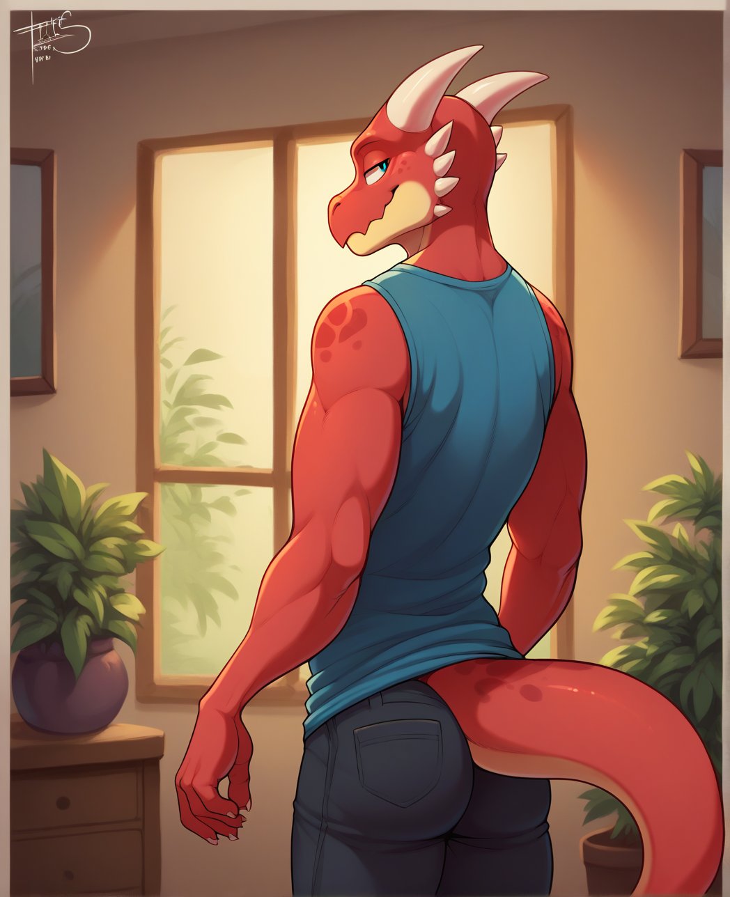 score_9, score_8_up, score_7_up,solo,standing,anthro,mature male,kobold,living room,rear view,raised tail,casual clothing,clothed,looking back,bedroom eyes