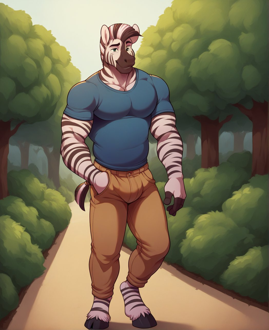 score_9, score_8_up, score_7_up,solo,standing,anthro,mature male,zebra,park