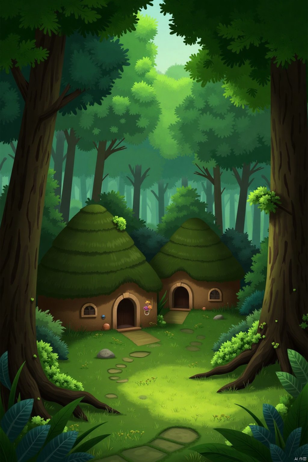 Forest Elves,Green Dense Forest,Elf Huts,Natural Magic