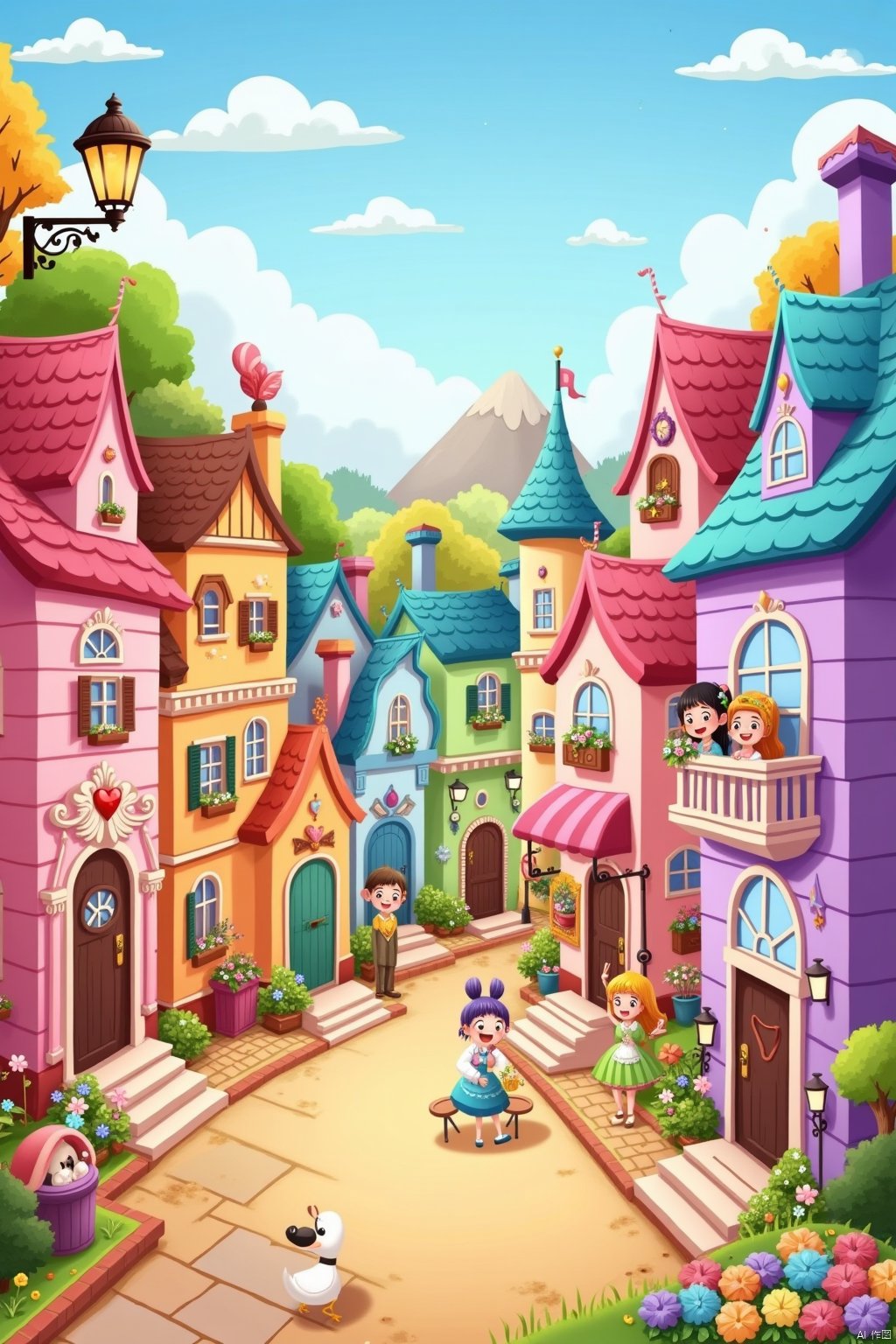 Fairy Tale Town,Colorful Candy Houses,Peaceful Square,Happy Residents