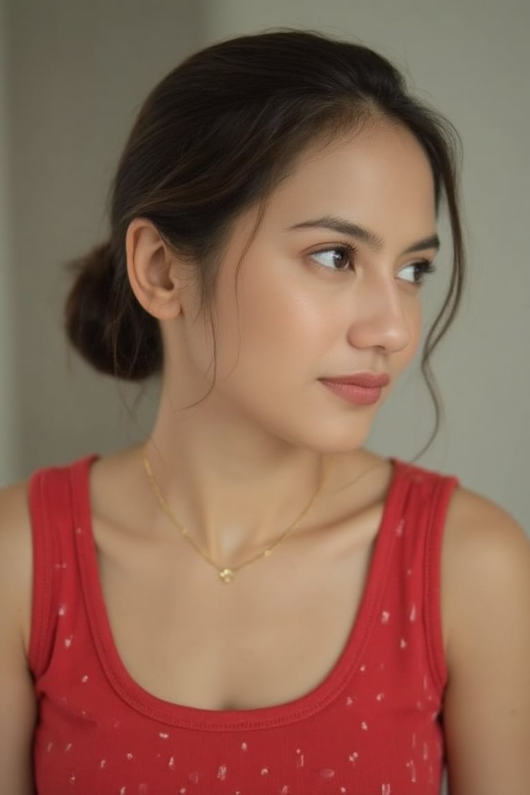 An image of a young woman with a soft, natural complexion and a low bun hairstyle, featuring loose strands of hair on the right side of her face. She poses semi-profile, facing slightly to the right, with her gaze meeting the camera. She wears a sleeveless red top with a small white dot pattern and a delicate gold necklace. The lighting is soft and natural, accentuating her thoughtful expression, against a softly blurred background.,pevit4