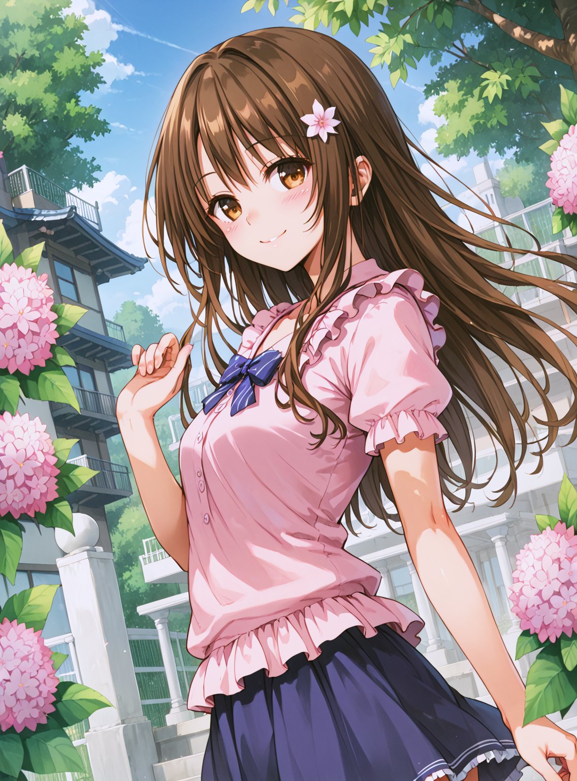 score_9, score_8_up, score_7_up, source_anime, (perfect anatomy:1.4), beautiful skin,
,//characters, 
1girl, solo yuuki mikan yuukimikan1, long hair, brown hair, pink shirt, frills, hair ornament, brown eyes, skirt, short sleeves, blush, smile, flower, outdoor, looking back, randoseru, charm \(object\), dutch angle,
,//situations,
tokyo sky tree
,//pose,
walking, smile, dutch angle
,//LoRA, (5_fingers on hand), (correct number of fingers), (beautiful hands), perfect anatomy,