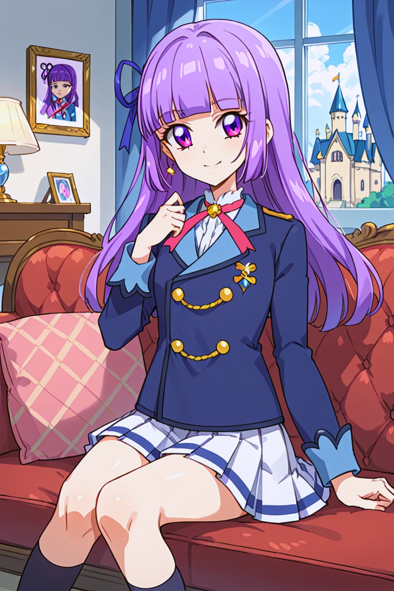 score_9, score_8_up, score_7_up, aikatsu, 1girl, solo, sumire hikami, purple hair, long hair, blunt bangs, purple eyes, hair_ribbon, starlight academy school uniform, ribbon, blue jacket, pleated skirt, white skirt, smile, closed mouth, inside, sofa, sit, castle