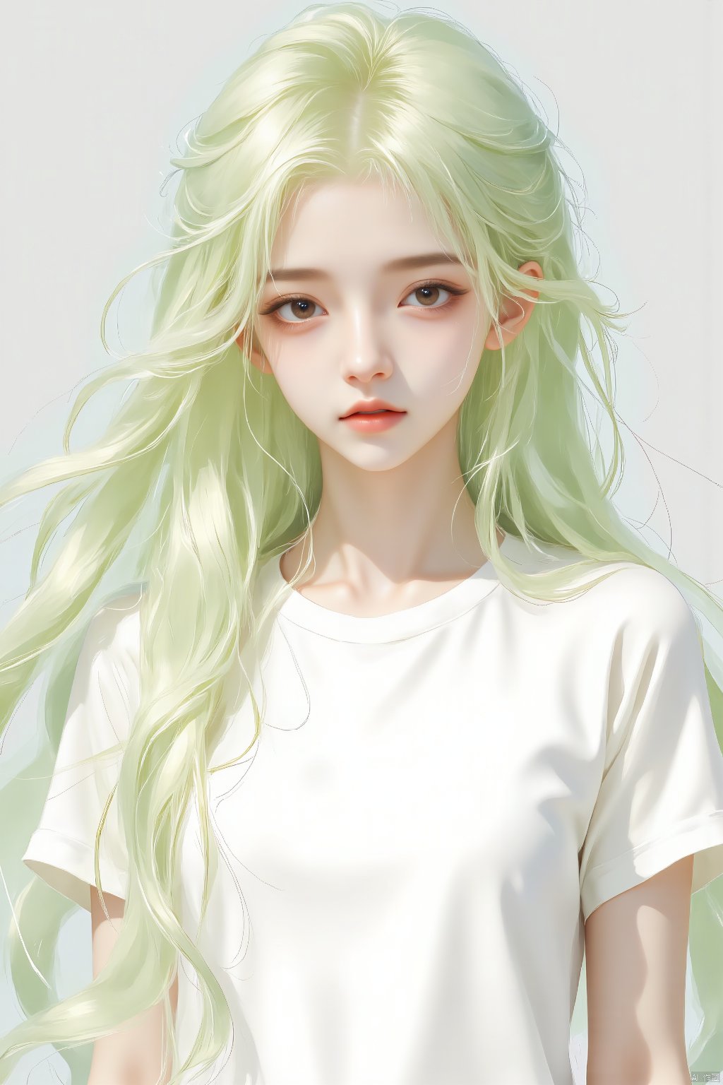 a cartoon girl with long blonde hair

wearing a white t-shirt

adding a pop of color to her face.     The girl's hair is a vibrant shade of green

while her eyes are a darker shade of brown.

Her hair is cascading down her shoulders

framing her entire face.
