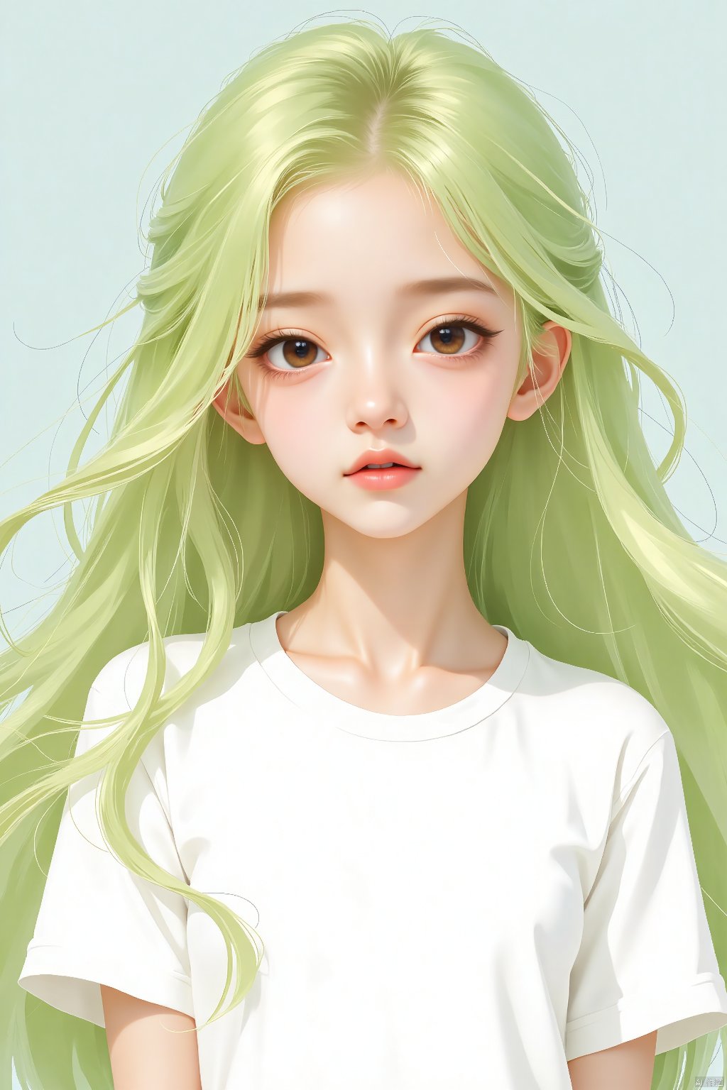 a cartoon girl with long blonde hair

wearing a white t-shirt

adding a pop of color to her face.     The girl's hair is a vibrant shade of green

while her eyes are a darker shade of brown.

Her hair is cascading down her shoulders

framing her entire face.
